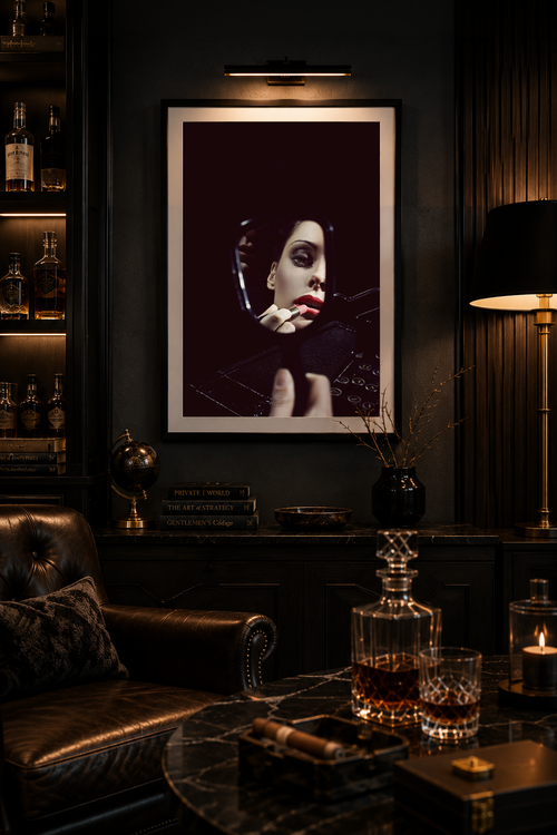 After Hours by LiAns JadAn displayed as vertical framed fine art in a dark luxury executive lounge with leather, whiskey, cigars, and warm architectural lighting