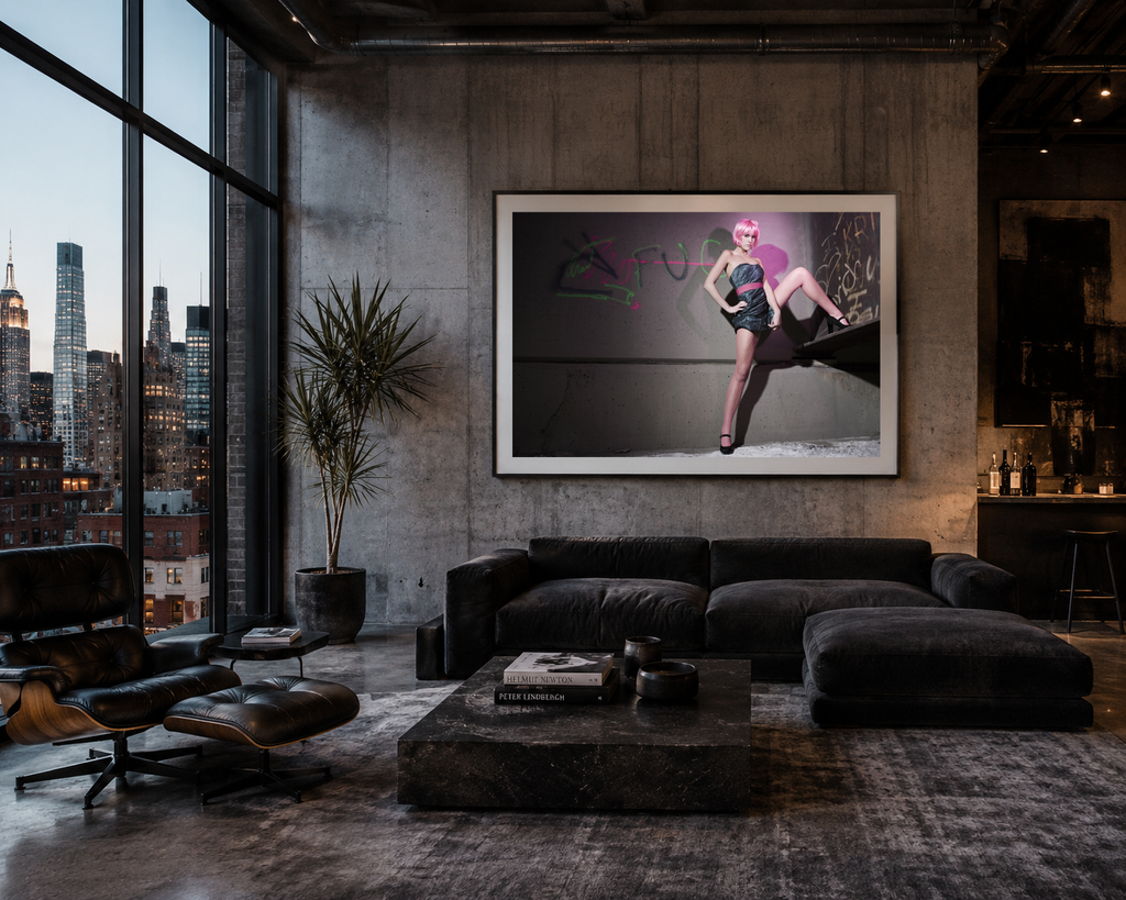 Electric Pink by LiAns JadAn displayed as framed fine art in a high-end industrial city loft with floor-to-ceiling windows