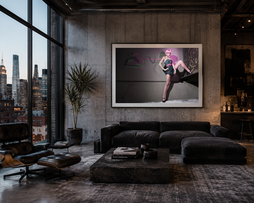 Electric Pink by LiAns JadAn displayed as framed fine art in a high-end industrial city loft with floor-to-ceiling windows