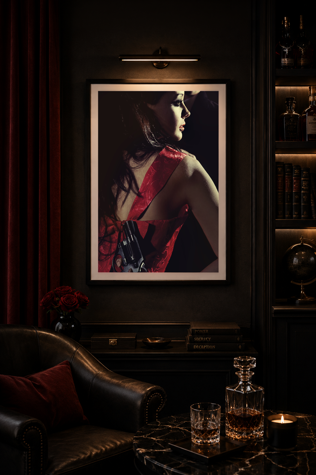 Final Notice by LiAns JadAn displayed as vertical framed fine art in a dark luxury executive lounge with leather, cognac, red velvet, and warm low lighting