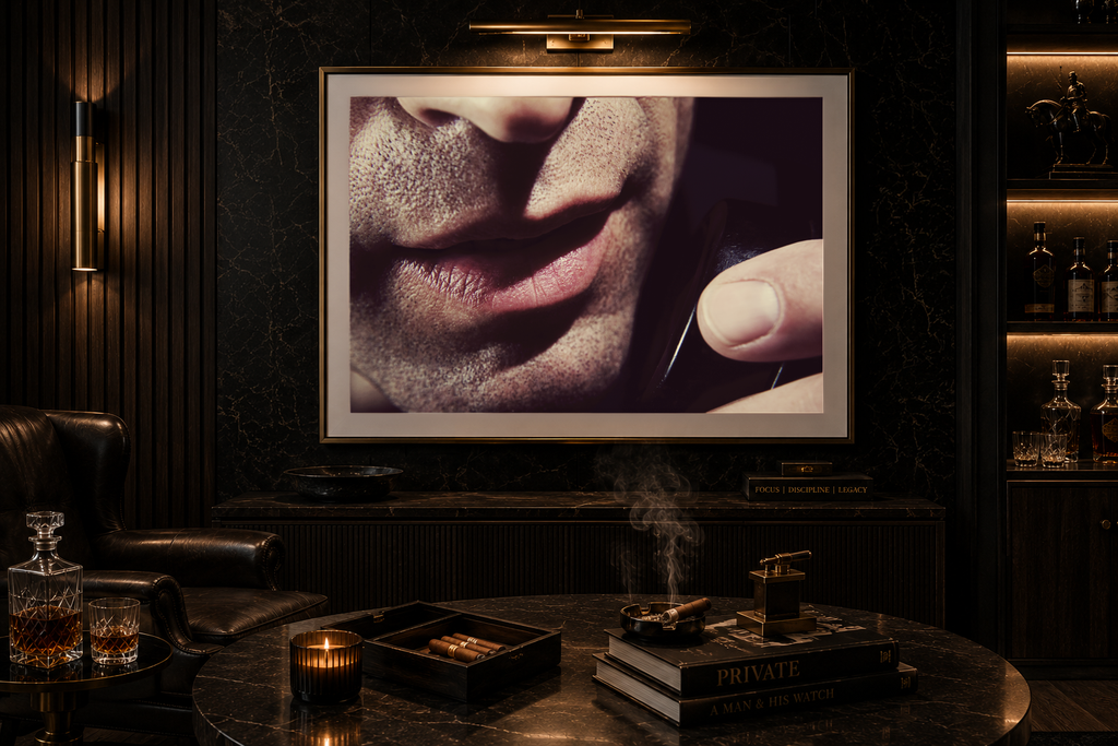 His Voice by LiAns JadAn displayed as horizontal framed fine art in a dark luxury executive lounge with marble, leather, whiskey, cigars, and warm architectural lighting