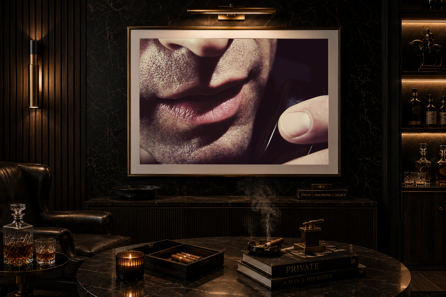 His Voice by LiAns JadAn displayed as horizontal framed fine art in a dark luxury executive lounge with marble, leather, whiskey, cigars, and warm architectural lighting