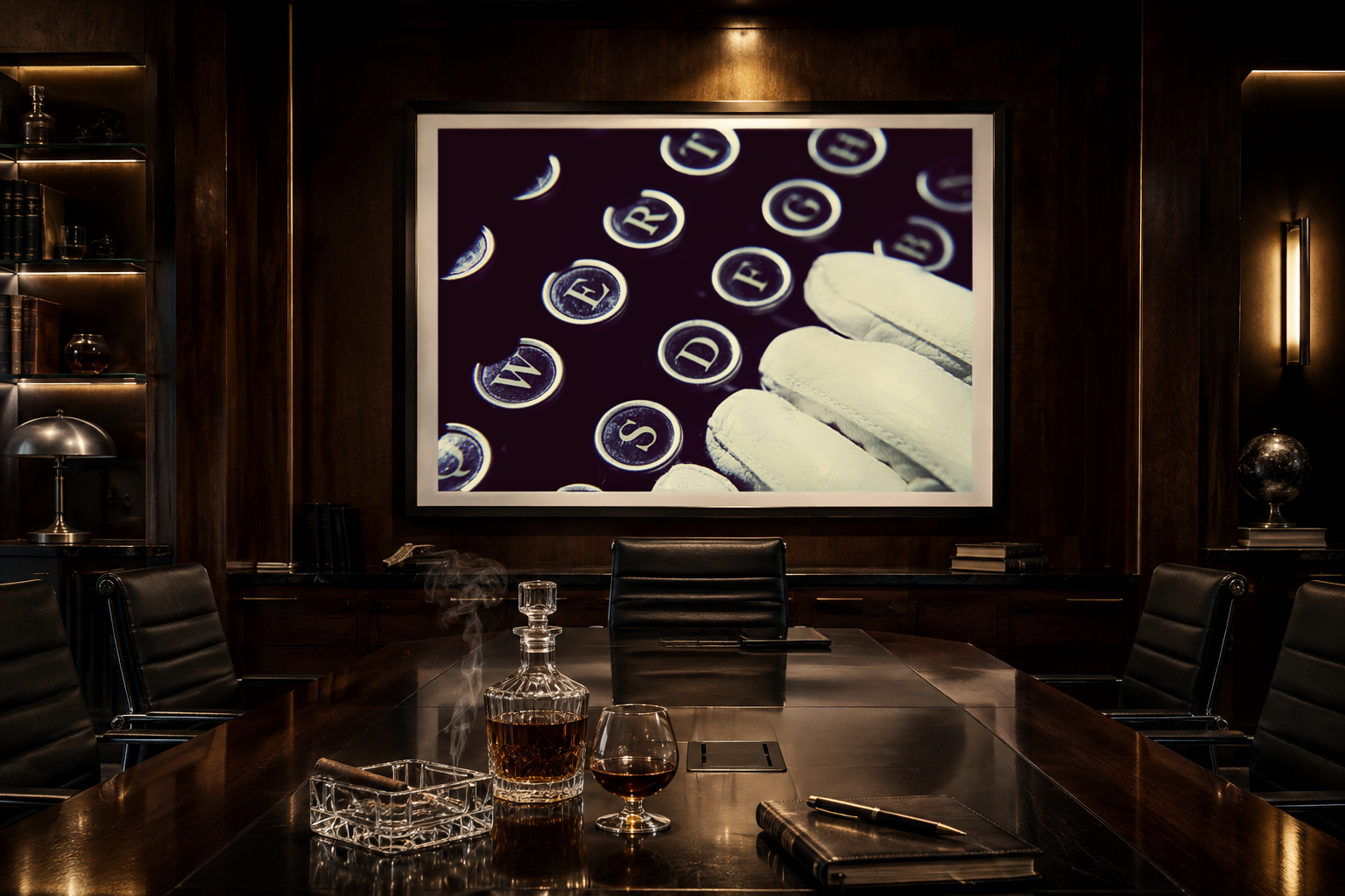 In Her Hands by LiAns JadAn displayed as framed fine art in a dark luxury executive boardroom with walnut walls, leather chairs, cognac, and a smoking cigar