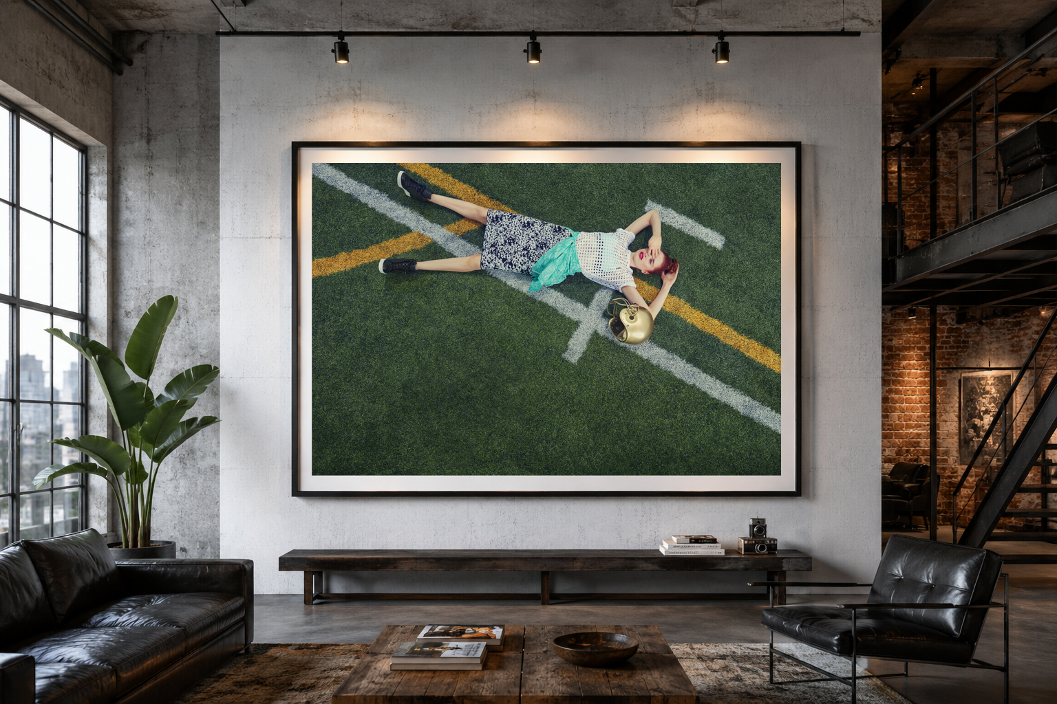 Game Lines by LiAns JadAn displayed as a large framed fine art print in an industrial loft