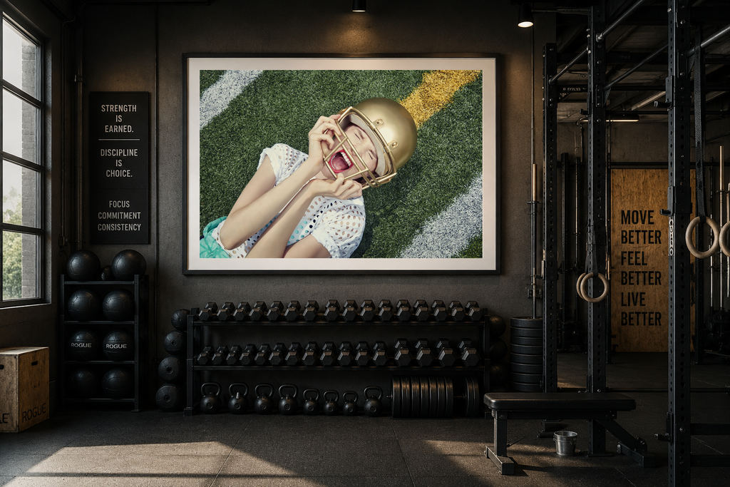 Game Face by LiAns JadAn displayed as a large framed fine art print in a high-end training gym