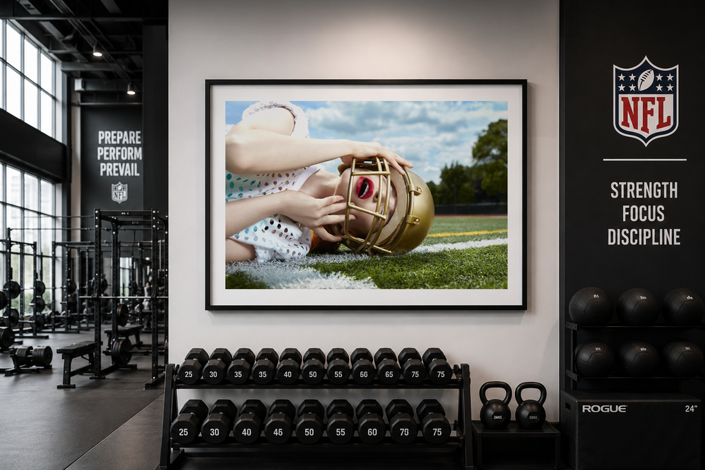 Red Zone by LiAns JadAn displayed as a large framed fine art print in a high-end training gym