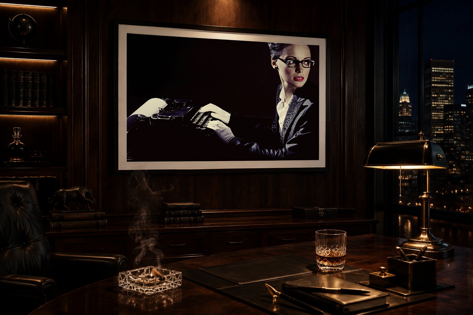 Overtime by LiAns JadAn displayed as framed fine art in a dark luxury corner office with walnut walls, city lights, cognac, and a smoking cigar