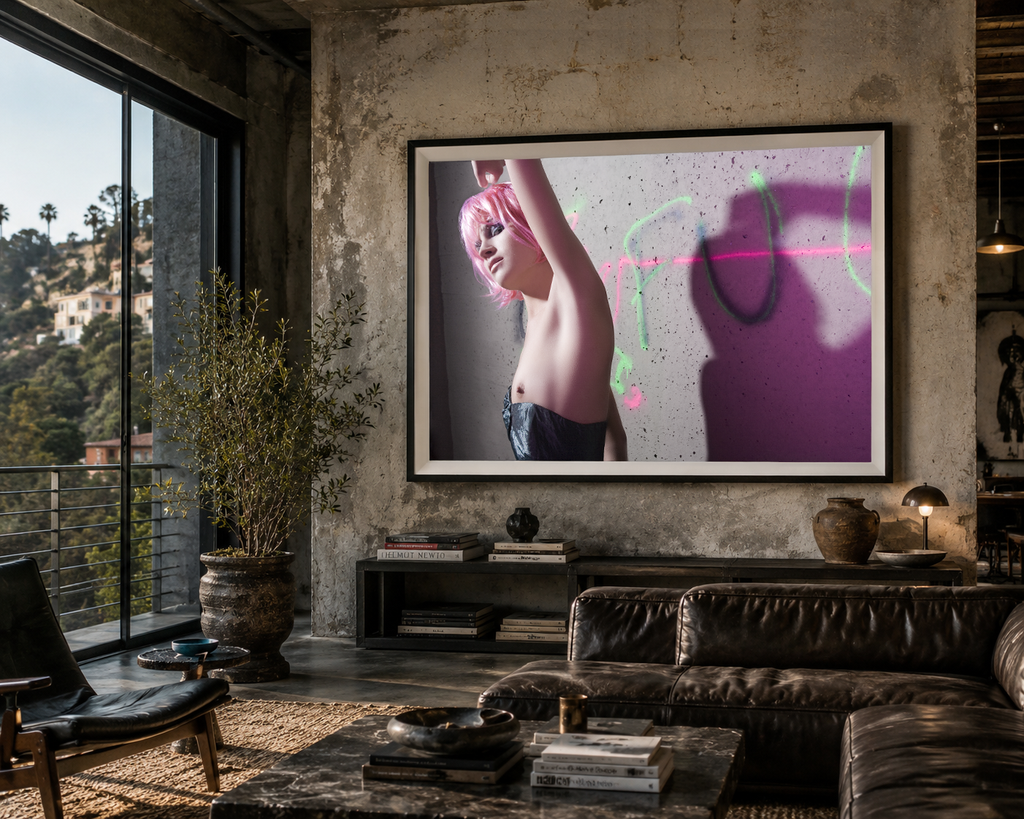 Pink Static by LiAns JadAn displayed as framed fine art in a high-end industrial Los Angeles hills loft