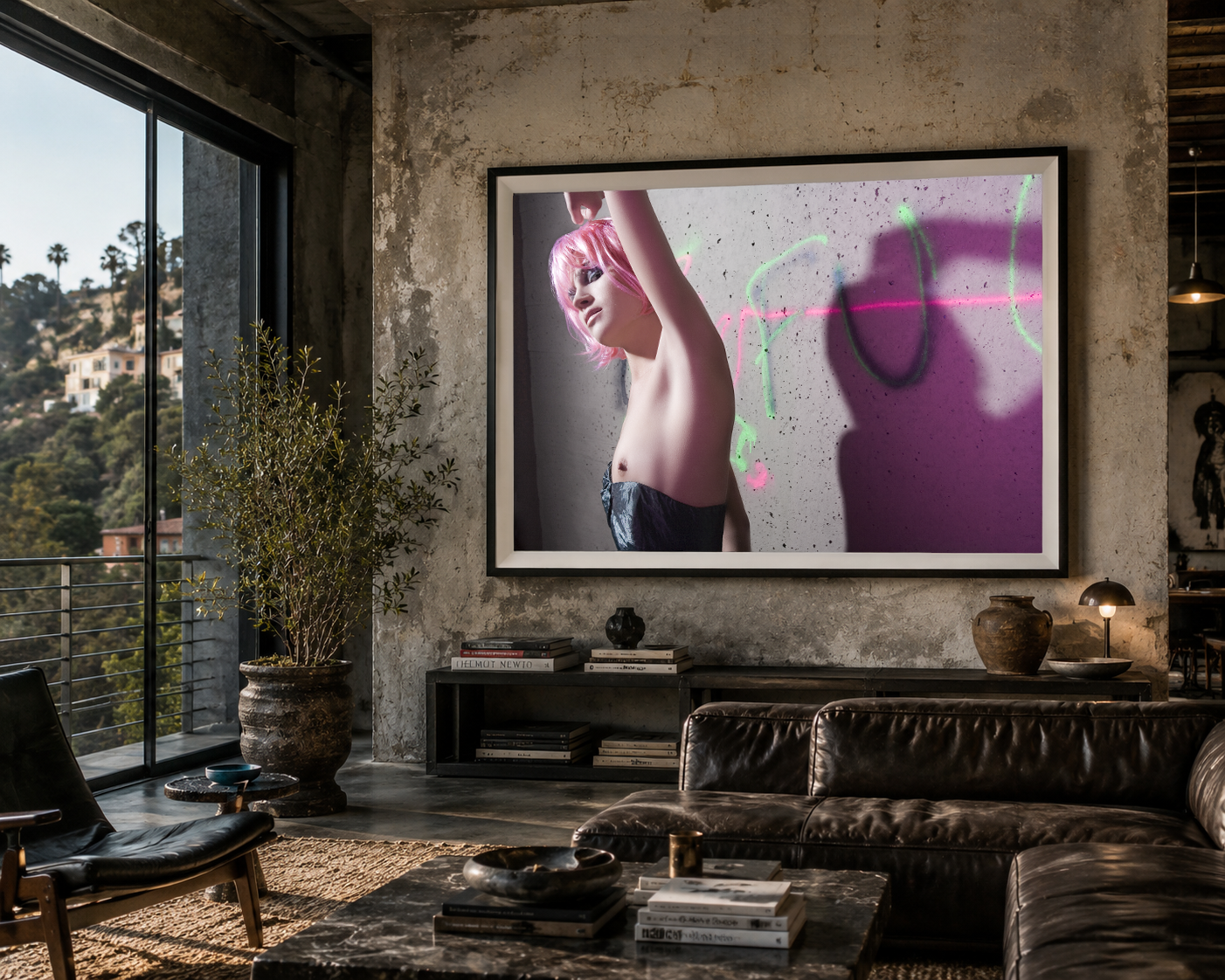 Pink Static by LiAns JadAn displayed as framed fine art in a high-end industrial Los Angeles hills loft