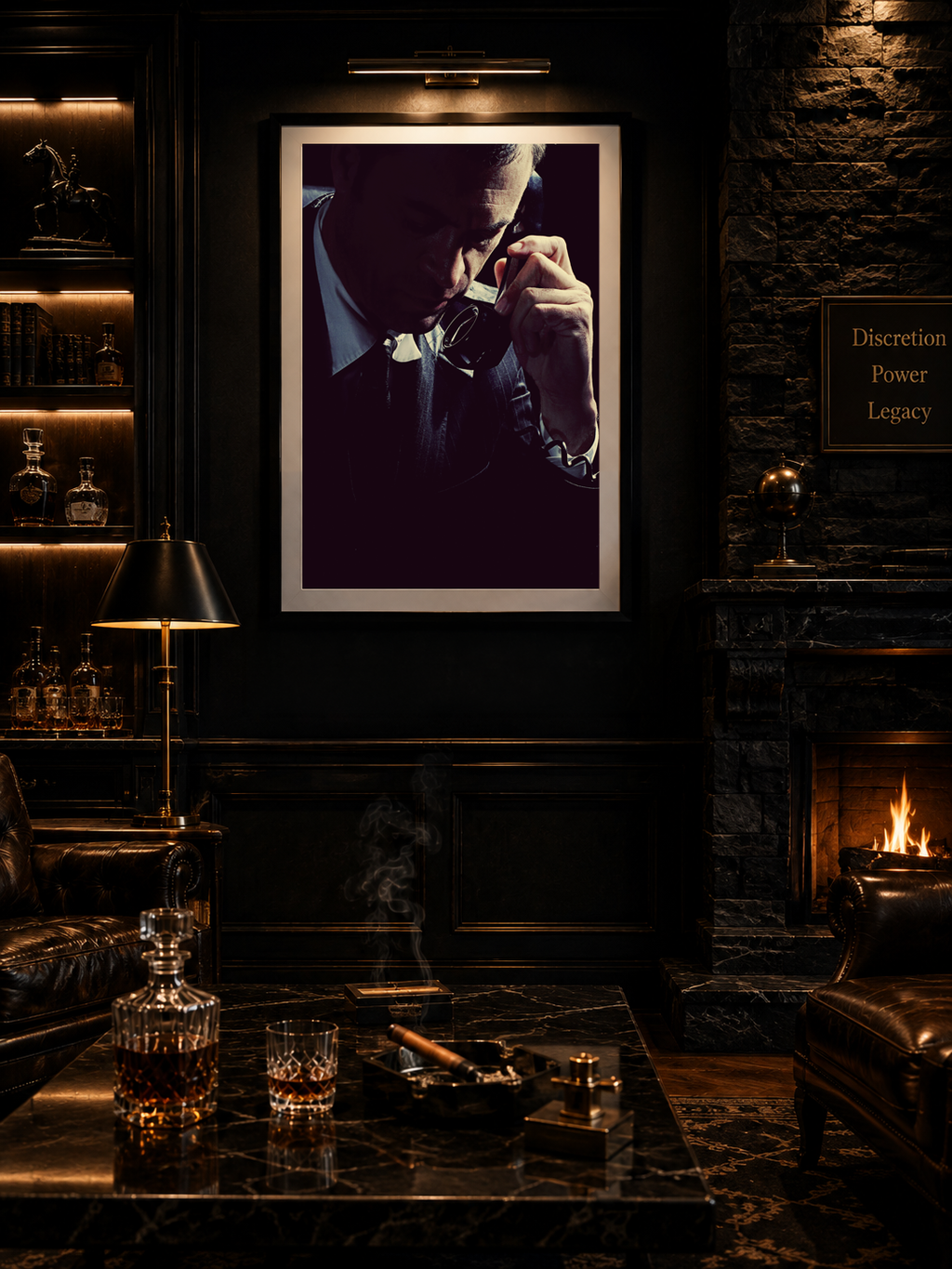 Private Line by LiAns JadAn displayed as framed fine art in a dark luxury executive office