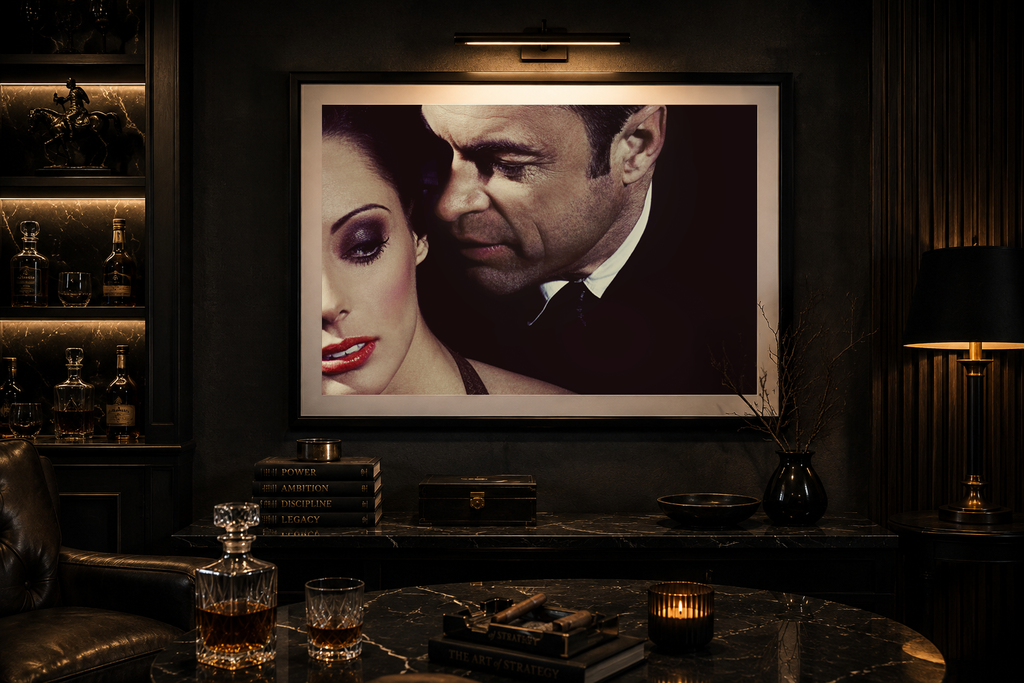 Terms of Employment by LiAns JadAn displayed as horizontal framed fine art in a dark luxury executive lounge with marble, leather, whiskey, cigars, and warm architectural lighting