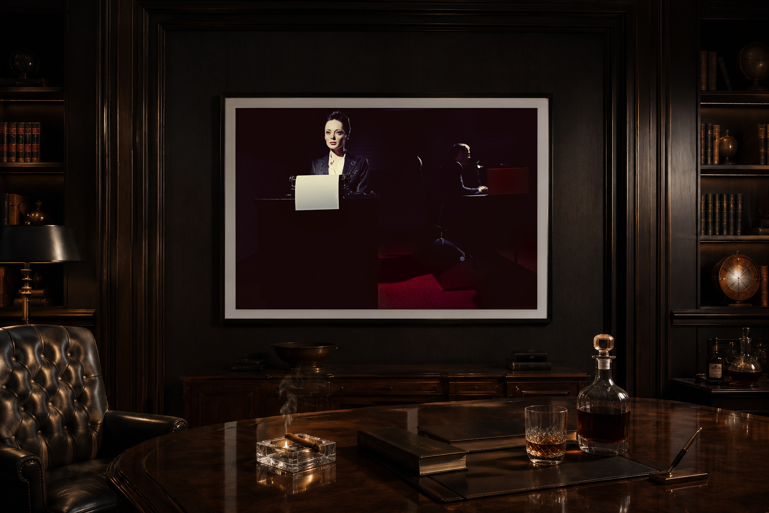 The Arrangement by LiAns JadAn displayed as framed fine art in a dark luxury executive office with leather, wood, cognac, and a smoking cigar