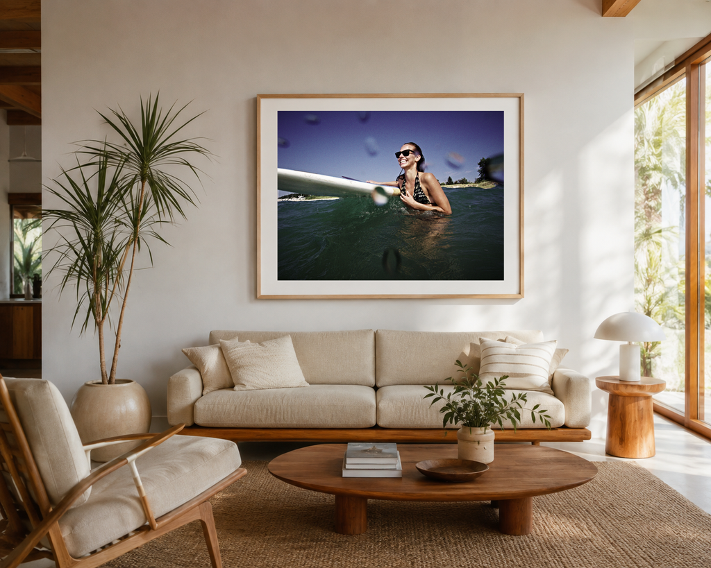 Open Water by LiAns JadAn displayed as framed fine art in a bright midcentury modern living room