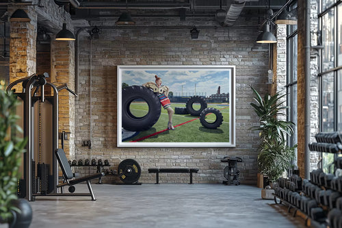 Power Play by LiAns JadAn displayed as a large framed fine art print in a high-end training gym